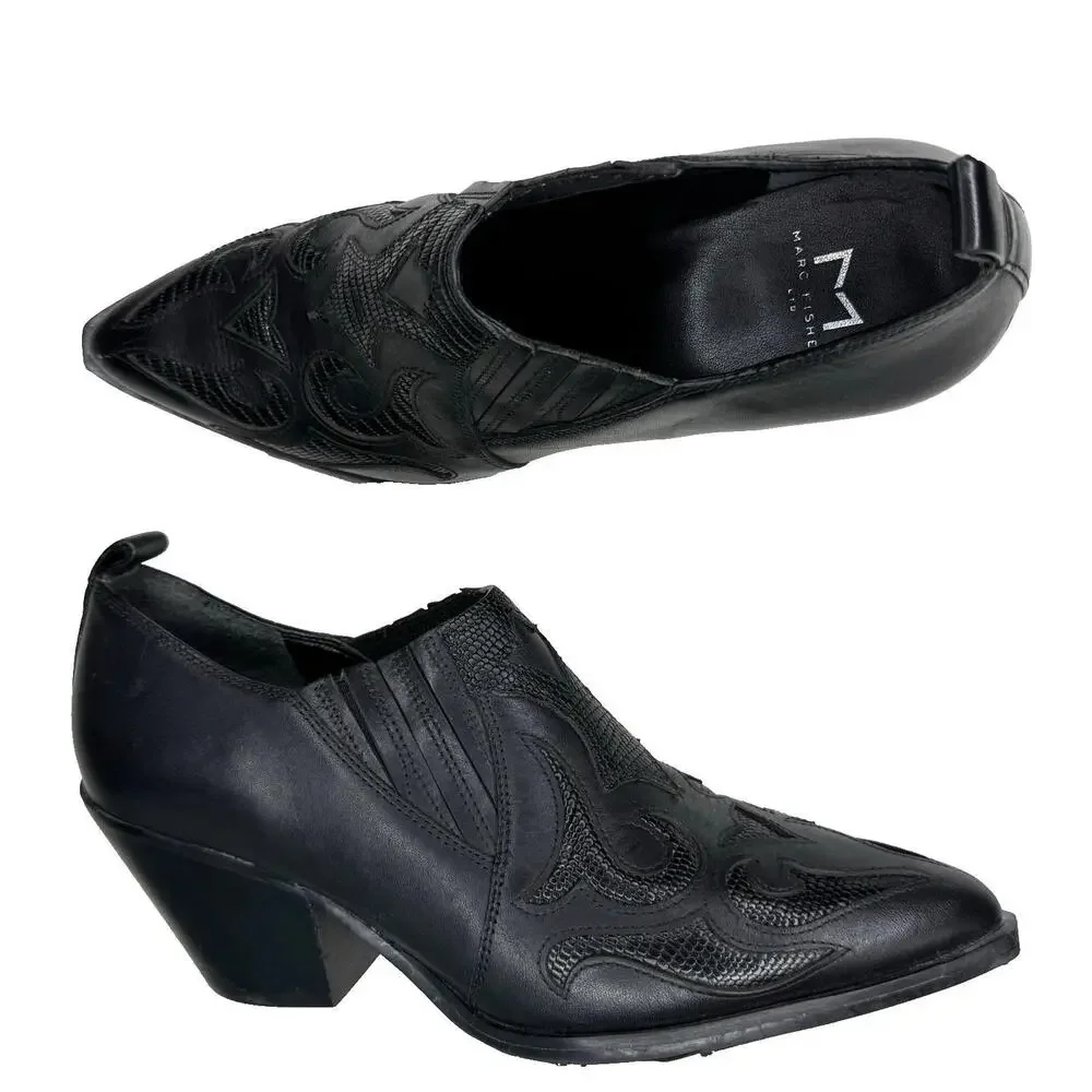 Marc Fisher‎ Leather Heeled Western Booties Black Detailed Pointed Toe  7 EUC